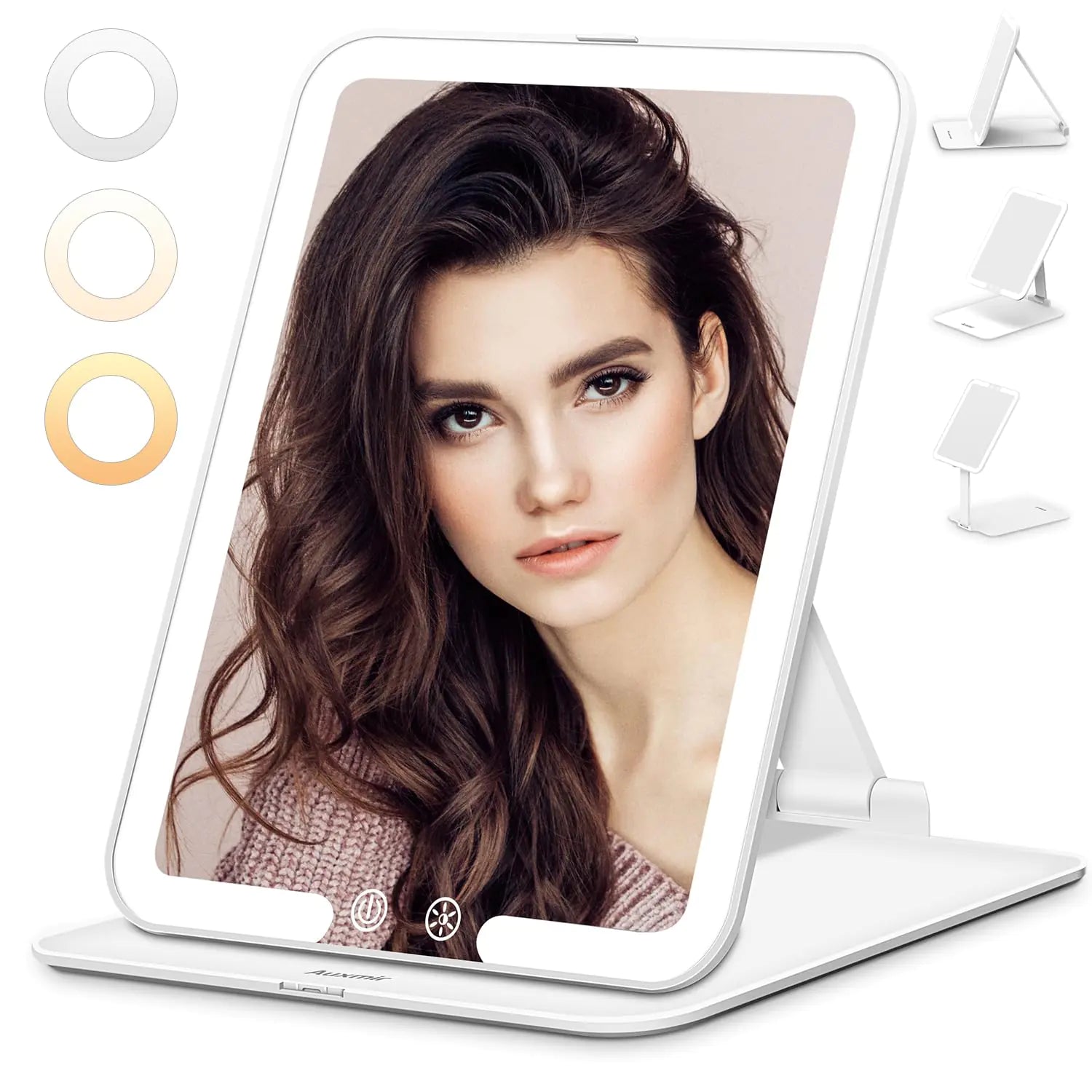 Auxmir Travel Makeup Mirror with 3 Dimmable Color Lights Portable Foldable LED Lighted Travel Makeup Mirror Rechargeable Compact Vanity Mirror with Light Adjustable Height and Angle for Desk White