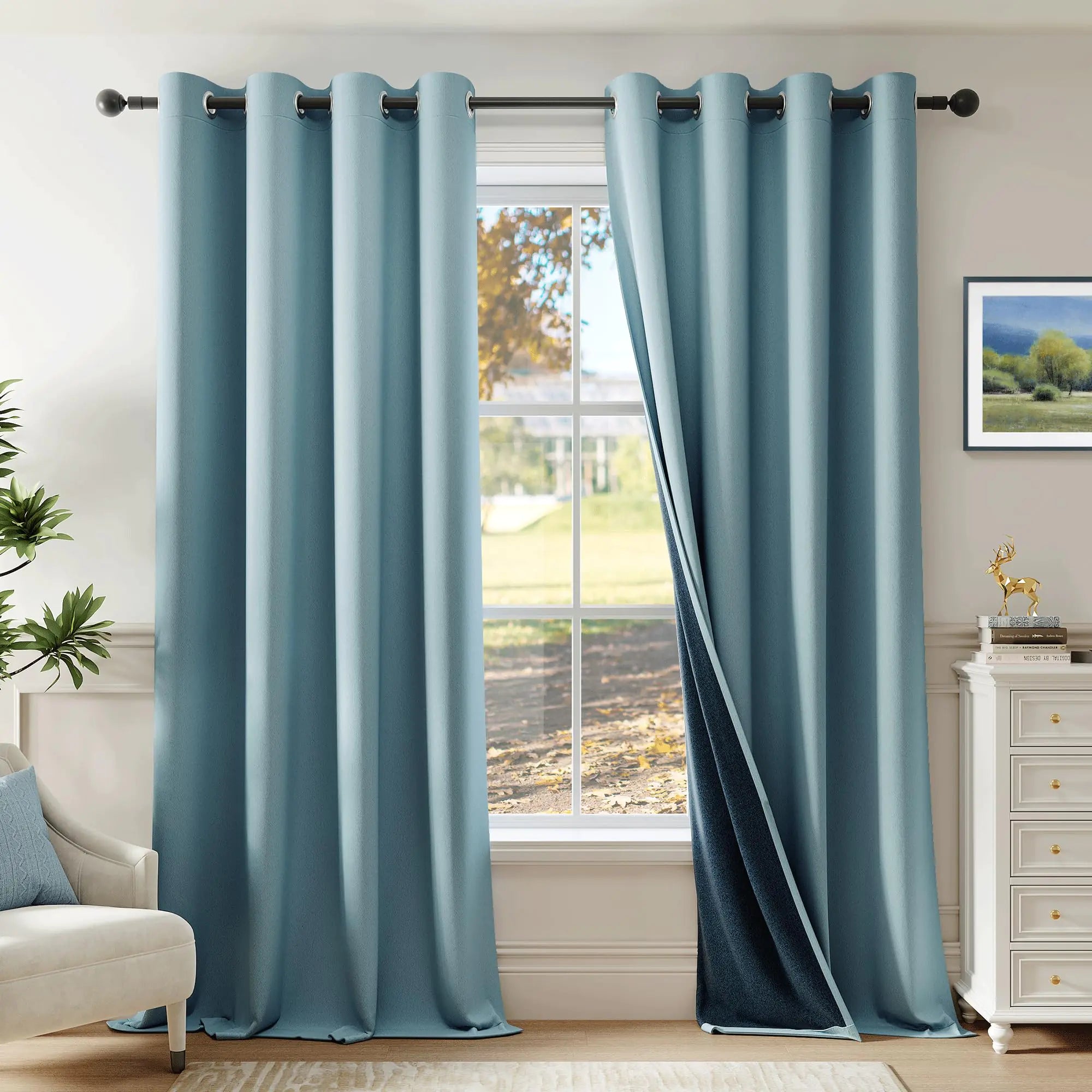 Beauoop 100% Blackout Curtains 84 Inch Long 2 Panels for Bedroom Living Room Stone Blue Solid Room Darkening Thermal Insulated Soundproof Energy Saving Grommet Top Window Treatment Drapes52x84 2 Set